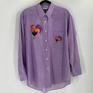 Vintage Embroidered Rooster Chicken Purple Gingham Grannycore 90s Farm Large